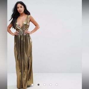 ASOS new TFNC Petite V Neck Maxi Dress Pleated Back Panels in shiny gold